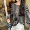 Foto real estilo coreano solto bloco de cores listrado manga longa roupa íntima camiseta base feminina outono inverno nova camiseta top 26388