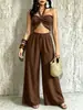 Conjunto de 2 piezas europeo y americano para mujer 720 Transfronterizo: Top elástico versátil sin tirantes con cuello halter + Pantalones de pierna ancha con bolsillos