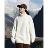 Suéter masculino de gola alta 100% algodão com malha grossa, malha pullover masculina inverno 2026, camada base de caimento solto