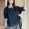 Nueva sudadera con cuello de camisa de dos piezas de estilo americano de moda para otoño/invierno para mujer, holgada y casual, top versátil como capa base, estilo transfronterizo de moda