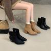 2025 Novo Outono e Inverno Bico Quadrado Francês Salto Grosso Elástico Camurça Botas Slim Simples Salto Alto Botins Cor Cartão Botas Curtas para Mulheres