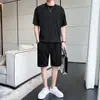 Traje Casual de Seda de Hielo para Hombre Verano Tendencia Celebridad de Internet Camiseta de Color Sólido Pantalones Cortos de Manga Corta Conjunto de Dos Piezas Atractivo