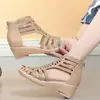 Sandalias Romanas para Mujer Piel Suave Zapatos Casuales 2026 Verano Nuevo Suela Suave Pedrería Hueco Antideslizante Cuña de Tacón Medio