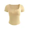 Camiseta de Manga Corta con Cuello Cuadrado y Ribete de Encaje para Mujer, Estilo Dulce y Picante, Nueva Colección Verano 2026, Petite, Corta, Ajustada, Adelgazante