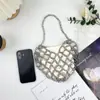 Bolsa de Mão Tecida à Mão com Contas Estilo Coreano, Bolsa Transversal com Design de Nicho, Estilo Pérola Sintética Vazada, Bolsa Feminina em Formato de Coração