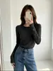 Camiseta Básica Cuello Redondo para Mujer, Ajuste Delgado Otoño e Invierno, Top de Ropa Interior Cálida Casual de Moda, Camiseta de Manga Larga Hombro Normal para Mujeres Jóvenes