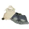Traje de Verano Elegante para Niñas Bebé Niña 2025 Nuevo Conjunto de Tres Piezas de Moda: Camisola y Shorts de Mezclilla para Niños
