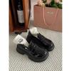 Jinmi preto estilo francês sapatos de couro de sola grossa para mulheres 2024 nova primavera e verão bico redondo salto grosso sapatos britânicos retrô de camada única