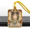 Aço Titânio Pintado à Mão Ouro Cinábrio Areia Mineral Thangka Oito Santos Protetores Passado e Presente Raposa Fada Thangka Pingente Colar