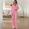 Nuevos Pijamas Casuales de Punto Jacquard de Primavera y Verano Europeos y Americanos, Cárdigan de Manga Larga, Pantalones, Transpirables, Conjunto de Dos Piezas para Mujer, Ropa de Casa