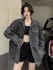 Jaqueta jeans vintage destroyed e rasgada estilo americano plus size para mulheres, jaqueta solta de comprimento médio para primavera e outono