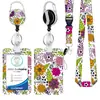 Lanyard de poliéster con transferencia térmica de pluma, hebilla de aleación de zinc redonda con epoxi arcoíris de fácil extracción, tarjetero de PVC floral