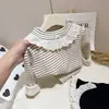 Camiseta de Inverno para Meninas, Camisa Base Listrada Estilosa e Moderna com Fleece Integrado e Laço de Renda
