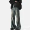 Jeans Rectos Lavados Retro High Street para Hombre Primavera y Otoño Americanos de Cintura Alta Sueltos de Pierna Ancha Pantalones Largos