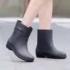 Botas de lluvia elegantes de media pantorrilla para mujer, impermeables y resistentes al desgaste, adecuadas para todas las estaciones, con forro cálido de vellón, suelas planas y diseñadas para usar en la cocina o como zapatos casuales.