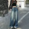 Calça jeans azul retro americana de cintura alta, modelagem solta e perna larga, com um design distintivo em forma de foice, calça jeans reta de alta qualidade A14294