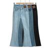 1021-24 início da primavera novo estilo europeu e americano quente menina sexy cintura alta lateral couro etiqueta dois botões micro-pull calças jeans