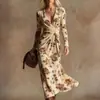Vestido Transfronteiriço Novo Estilo com Decote em V e Mangas Longas com Elementos de Impressão Digital 3D, Saia Fashion e Personalizada para Marcar a Cintura Feminina
