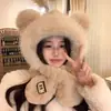 Chapéu Urso de Pelúcia Fofo Cachecol de Estudante Tudo-em-Um Feminino de Inverno à Prova de Vento Proteção para Ouvidos Forrado com Fleece Cachecol Quente para Pescoço Chapéu de Ciclismo
