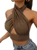 Nuevo Estilo Espalda Descubierta con Tirantes Cruzados Sexy Moda Femenina Europea y Americana Estilo Chica Picante de Verano Top Corto Halter con Corte Cruzado