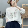 Camisa de manga larga con cuello alto de gasa de algodón de doble capa bordada para mujer, diseño artístico estilo Mori, bordado elaborado, suave y amigable con la piel, top de corte holgado