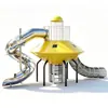 Resbaladilla de acero inoxidable con forma de OVNI, equipo de juego exterior hecho a medida para jardines de infancia y áreas residenciales, instalación de entretenimiento con escultura y señalización