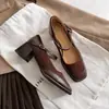 Versión de Piel de Vaca ~ Zapatos de Tacón Alto para Mujer Primavera y Otoño Nuevos Punta Cuadrada Suela Gruesa Negros Pequeños Franceses Tacón Grueso Zapatos Mary Jane