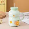 Taza de cerámica creativa de verano con forma de corazón para niña, con pajita y tapa, con forma de yogur, para agua