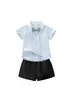 Camisa plisada para niño pantalones cortos negros para niño conjunto de manga corta para bebé primer cumpleaños verano corbata de moño de caballero ropa formal