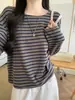 Camiseta de manga larga a rayas estilo francés, corte relajado, para mujer, nueva colección otoño 2026, corte holgado, cuello redondo, top básico
