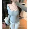 Top de punto básico acanalado ajustado de manga larga para mujer, Otoño e Invierno, cuello en U, estilo coreano Rosa Puro Deseo
