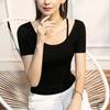 Camiseta sexy modal negra de verano para mujer, entallada, sin espalda, estilo occidental, estación europea, cuello bajo, top de primavera y verano