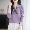 Suéter de Tricô de Lã Fina com Gola Lapela Manga Longa Cachecol Pulôver Solto Camisa Base Top para Mulheres Outono/Inverno 2026