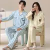 Ropa de Casa Pura de Algodón para Mujer, 100% Algodón, Se Puede Usar Afuera, Atuendo de Pareja, Cárdigan, Solapa, Pijama de Dibujos Animados, Conjunto de Dos Piezas