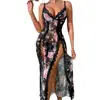 Camisola con Ribete de Encaje y Abertura, Nueva Lencería Sexy Transparente Transfronteriza, Atractivo Vestido Largo Estampado Estilo Europeo y Americano