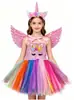 Nuevo Vestido de Niña con Lentejuelas Arcoíris, Vestido de Princesa Estilo Europeo y Americano, Vestido Tutú de Unicornio de Dibujos Animados con Alas y Tocado