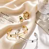 Pulsera Abierta Anillo Set Geométrico de Acero Inoxidable Chapado en Oro de 18K Estilo de Lujo Ligero Transfronterizo Europeo y Americano Zirconia Cúbica Colorida