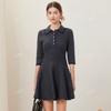 Vestido de punto con cuello polo M francés nuevo transfronterizo, entallado, elegante, adelgazante, en forma de A, manga siete puntos, elegante falda paraguas