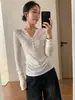 Suéter de punto para mujer con cuello en V, manga larga y botones de concha rosa, estilo coreano para principios de otoño, corte suave y relajado, holgado y favorecedor, top con cuello medio abierto