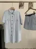 Conjunto de Dos Piezas para Mujer Omalai: Camisa de Manga Corta Holgada con Cuello Solapa y Puntadas Sueltas, y Falda Midi 6720