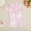 Conjunto de Pijama Infantil Verão Estampa de Laços Roupas de Casa para Meninas Conjunto de Duas Peças Roupa Infantil Camiseta de Manga Curta com Gola
