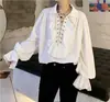 Camisa de Manga Larga con Cuello Retro de Puño Fruncido y Cordón para Hombre y Mujer Popular en Internet Europeo y Americano Distintiva Camisa de Corte Moderna