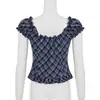 Camiseta de Mujer Estilo Y2K, Top Retro Europeo y Americano de Nicho a Cuadros con Mangas Volantes, Cuello en V Sexy Estilo Ballet Francés, Adelgazante