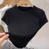 T-shirt Curta de Tricô Manga Curta Feminina 2026 Novo Verão Branco Retrô Slim Fit Gola Redonda Top Curto Cinza