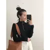 Camada Base Outono Inverno Feminina Gola Meia Alta Zíper Branco Malha Roupa Íntima Slim Fit Tricô Retrô Americano Preto