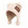 Gorro Pasamontañas con Pompones en las Orejas de Osito de Peluche Lindo para Mujer, Cálido Versátil para Otoño e Invierno, Protección para las Orejas