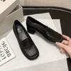 Sapatos de Salto Bloco Baixo Elegantes de Bico Redondo, Estilo Moda de Nicho, Boca Rasa, Slip-On de Couro para Mulheres, Novidade Outono 2026, 4,5cm