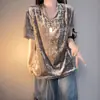 Camiseta Casual Unisex de Verano Color Caqui de Terciopelo y Satén con Cuello en V de Manga Corta, Hombro Normal, Lujo de Nicho de Alta Gama