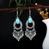 Pendientes Bohemios Azules de Turquesa Estilo Étnico Europeos y Americanos, Pendientes de Borla de Metal Plateado Imitación, Joyería de Borla Vintage para Orejas al por Mayor