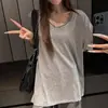 Camiseta Casual de Manga Corta con Cuello en V para Mujer, Estilo Coreano Blanco, Corte Holgado, Adelgazante, Top Básico Versátil Relajado de Algodón y Lino con Copos de Nieve